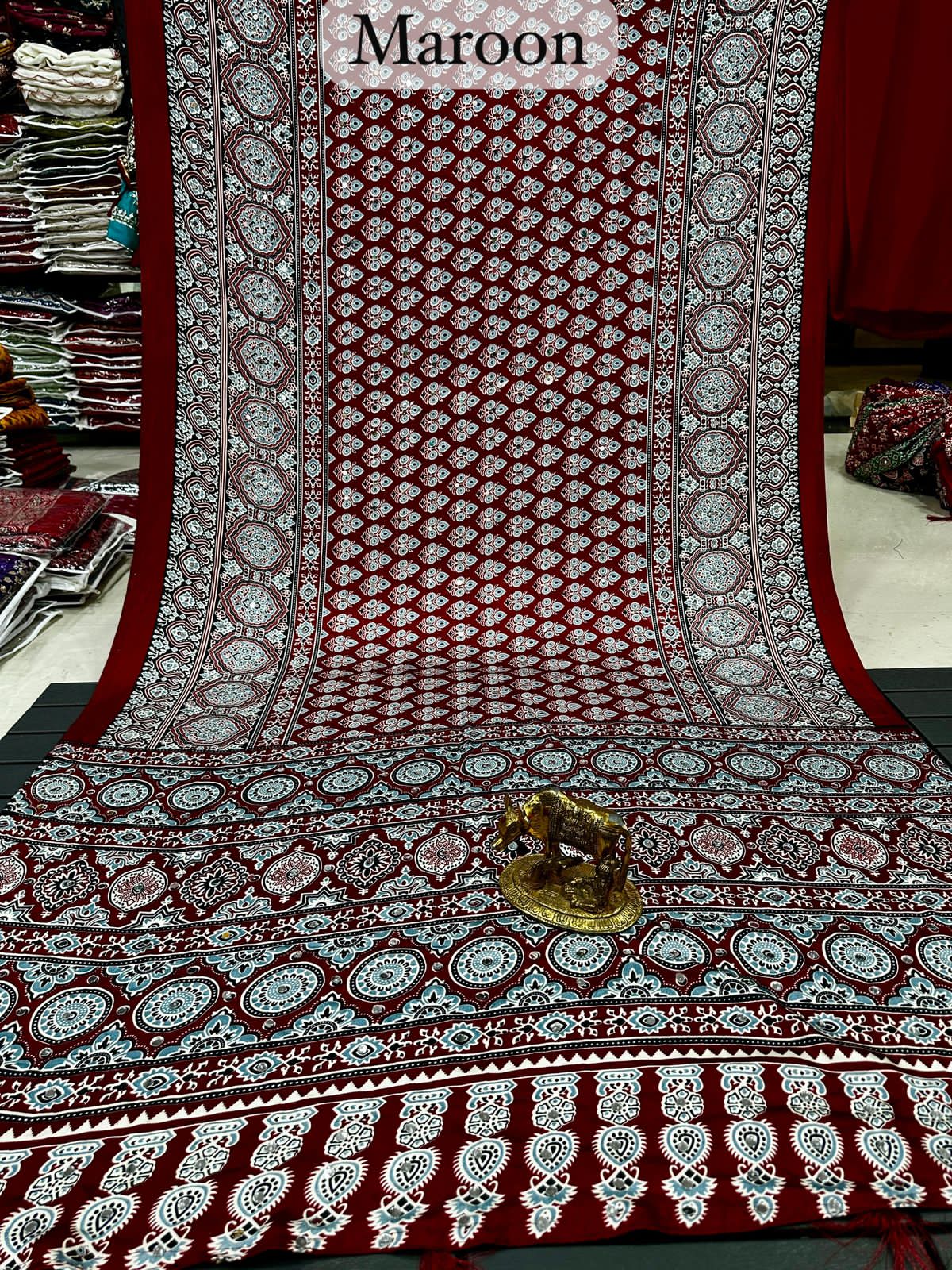 Mirror Work Ajrakh Modal Saree with Full Mirror Work and Attached Blouse Piece – Tumpi's Collection