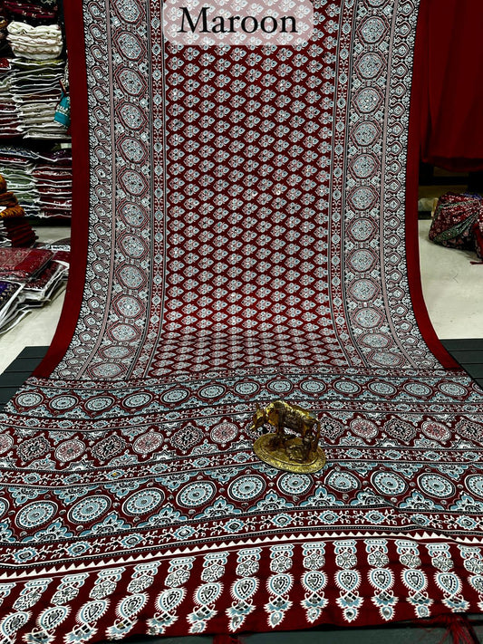 Mirror Work Ajrakh Modal Saree with Full Mirror Work and Attached Blouse Piece – Tumpi's Collection