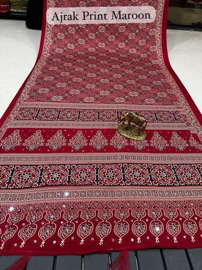Mirror Work Ajrakh Modal Saree with Full Mirror Work and Attached Blouse Piece – Tumpi's Collection