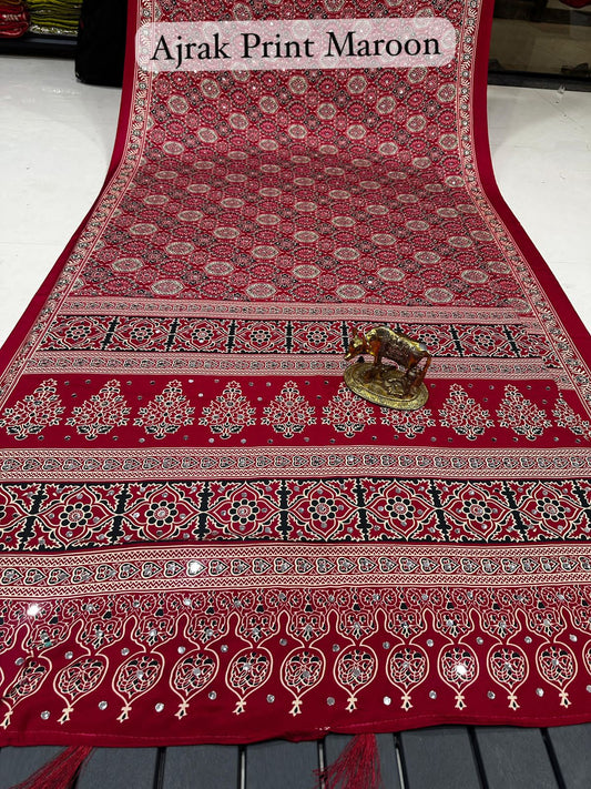 Mirror Work Ajrakh Modal Saree with Full Mirror Work and Attached Blouse Piece – Tumpi's Collection