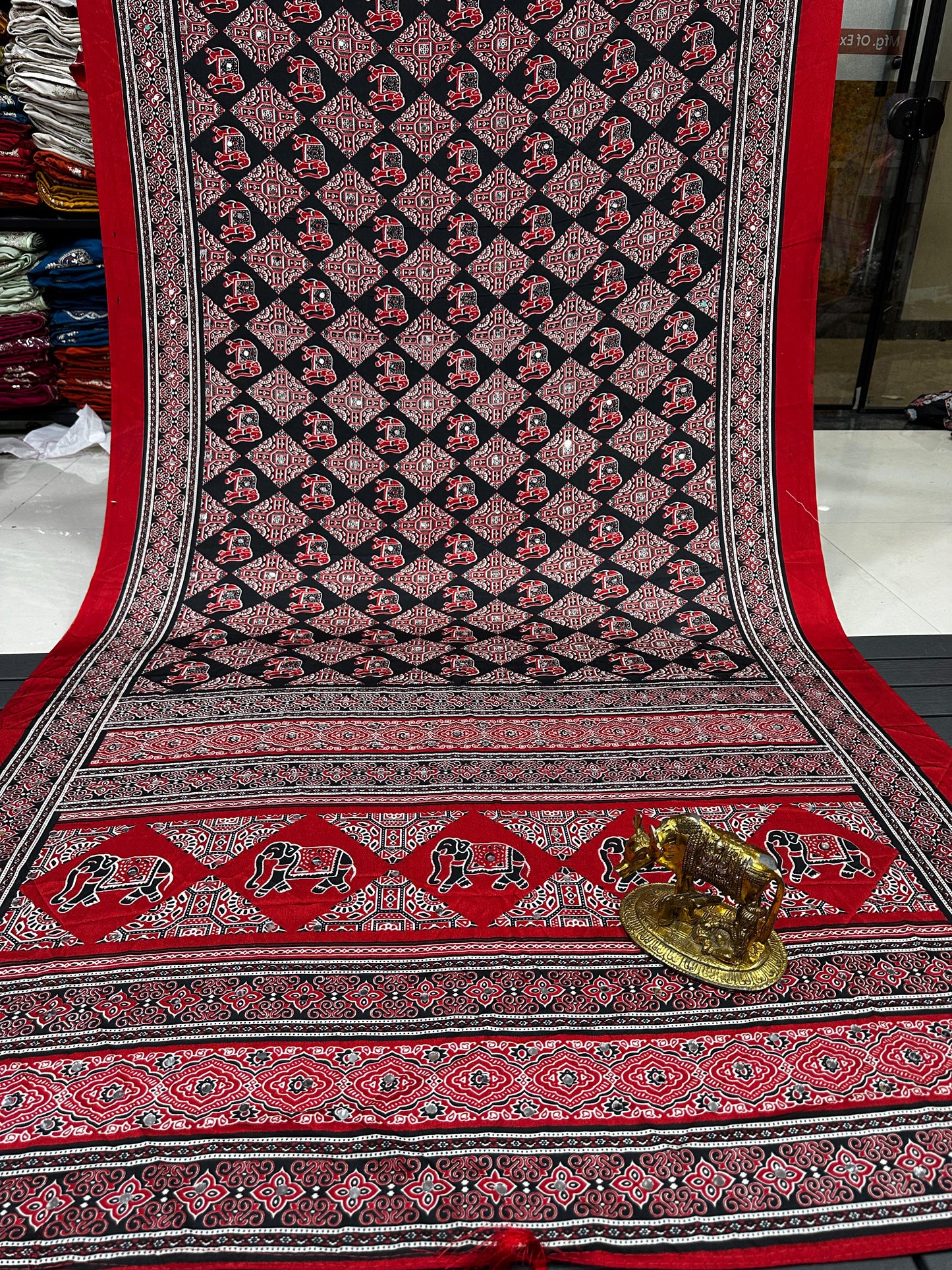 Mirror Work Ajrakh Modal Saree with Full Mirror Work and Attached Blouse Piece – Tumpi's Collection