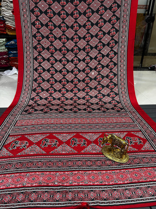 Mirror Work Ajrakh Modal Saree with Full Mirror Work and Attached Blouse Piece – Tumpi's Collection