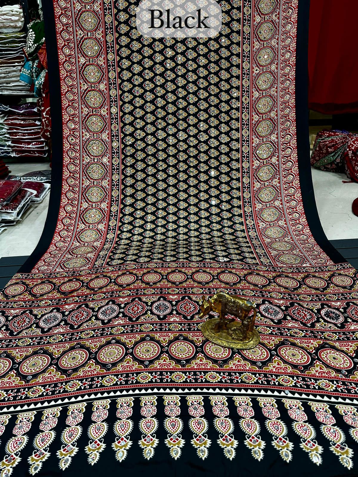 Mirror Work Ajrakh Modal Saree with Full Mirror Work and Attached Blouse Piece – Tumpi's Collection