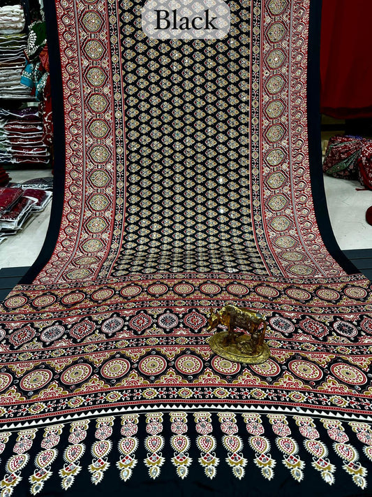 Mirror Work Ajrakh Modal Saree with Full Mirror Work and Attached Blouse Piece – Tumpi's Collection