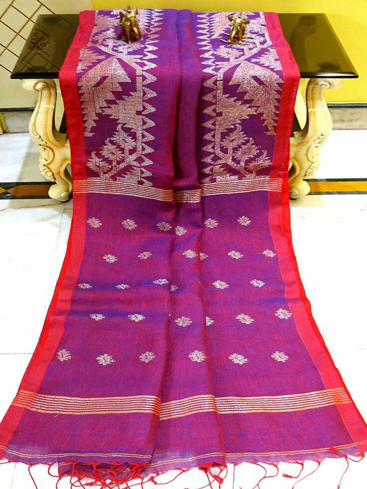 Pure Linen Korat Jamdani Saree Design 04  Magenta Purple Bengali Saree