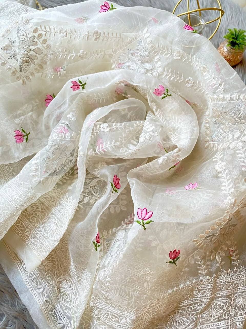 Beautiful Chikankari Thread Work Organza Silk Saree