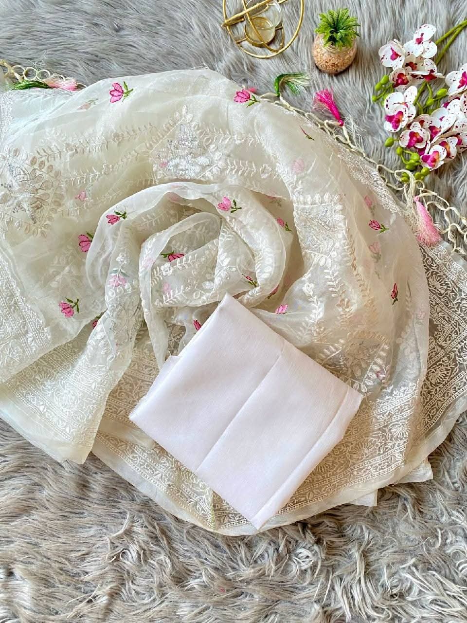 Beautiful Chikankari Thread Work Organza Silk Saree