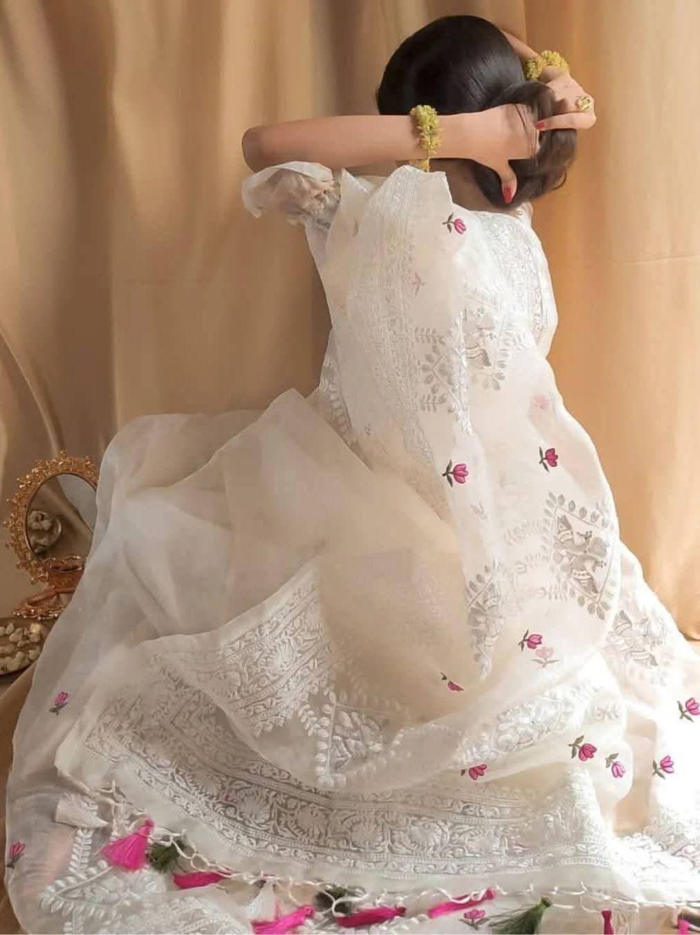 Beautiful Chikankari Thread Work Organza Silk Saree