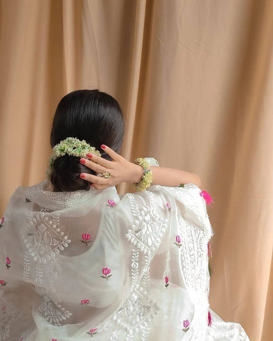 Beautiful Chikankari Thread Work Organza Silk Saree
