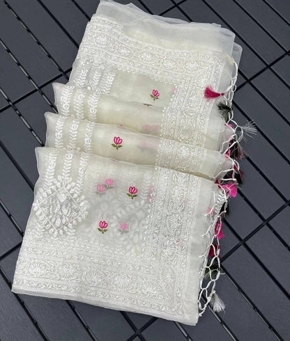 Beautiful Chikankari Thread Work Organza Silk Saree
