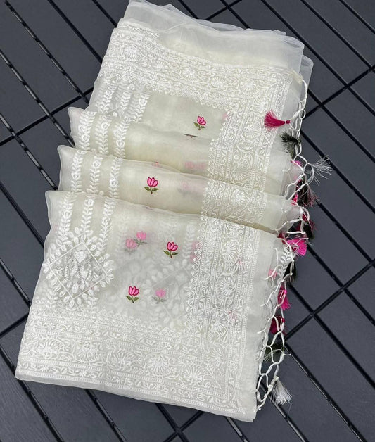 Beautiful Chikankari Thread Work Organza Silk Saree