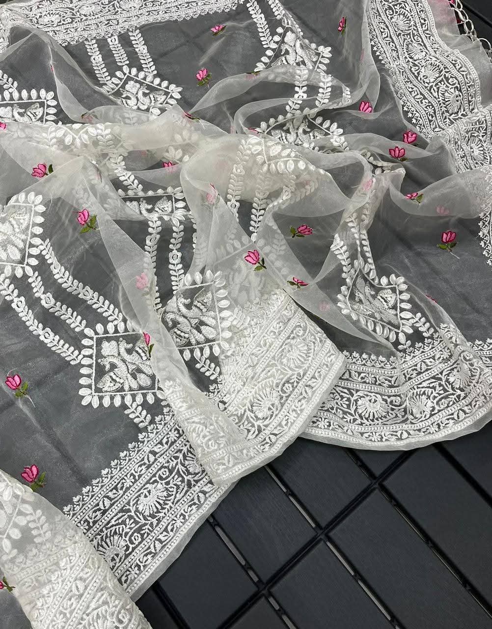 Beautiful Chikankari Thread Work Organza Silk Saree