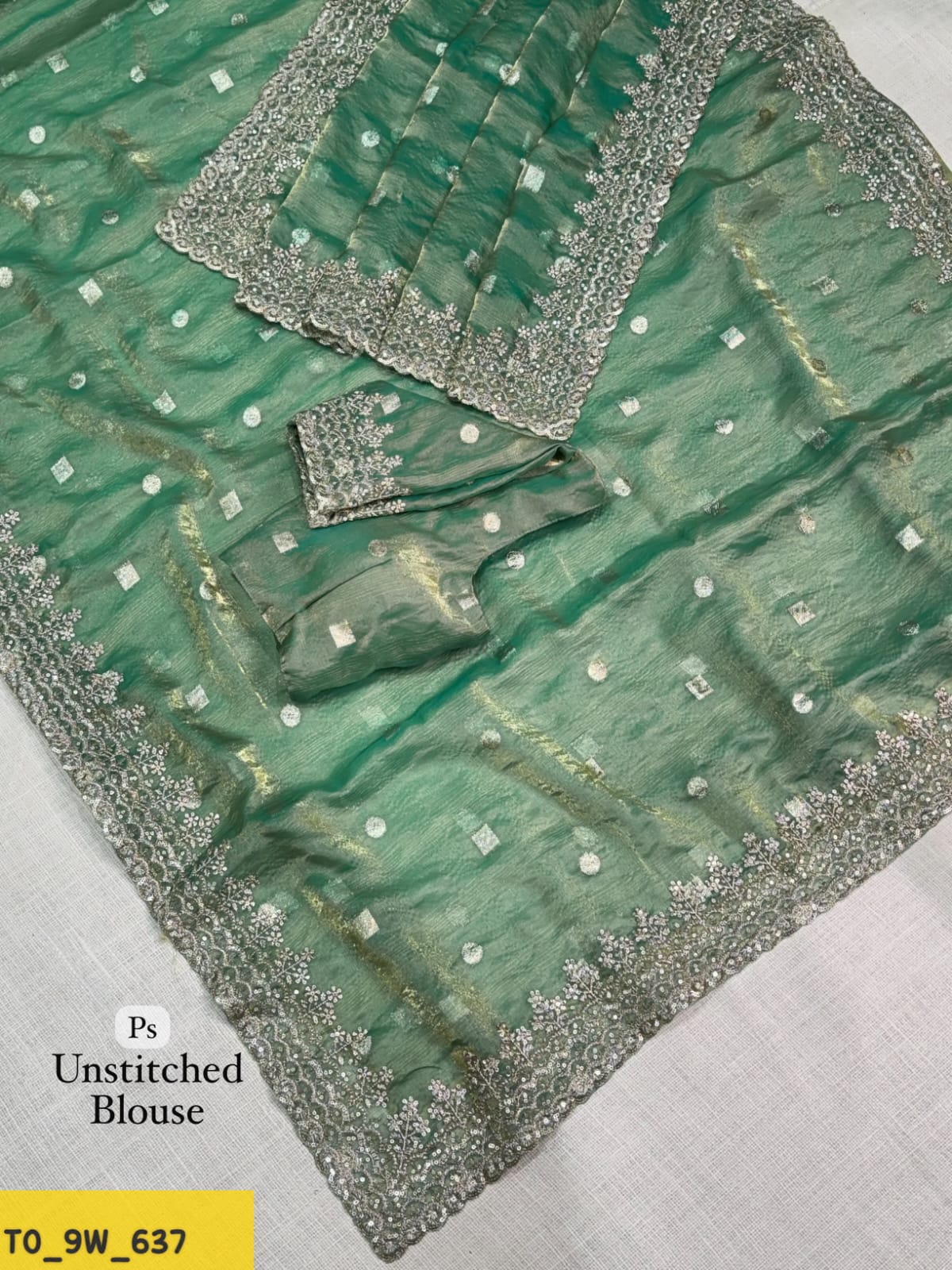 Pure Fandy Satin Jacquard Saree with Zari & Sequin Work-Teal Green