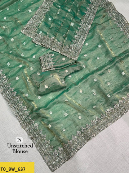 Pure Fandy Satin Jacquard Saree with Zari & Sequin Work-Teal Green