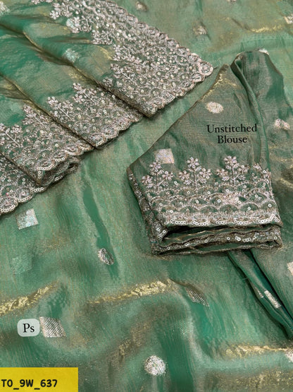 Pure Fandy Satin Jacquard Saree with Zari & Sequin Work-Teal Green