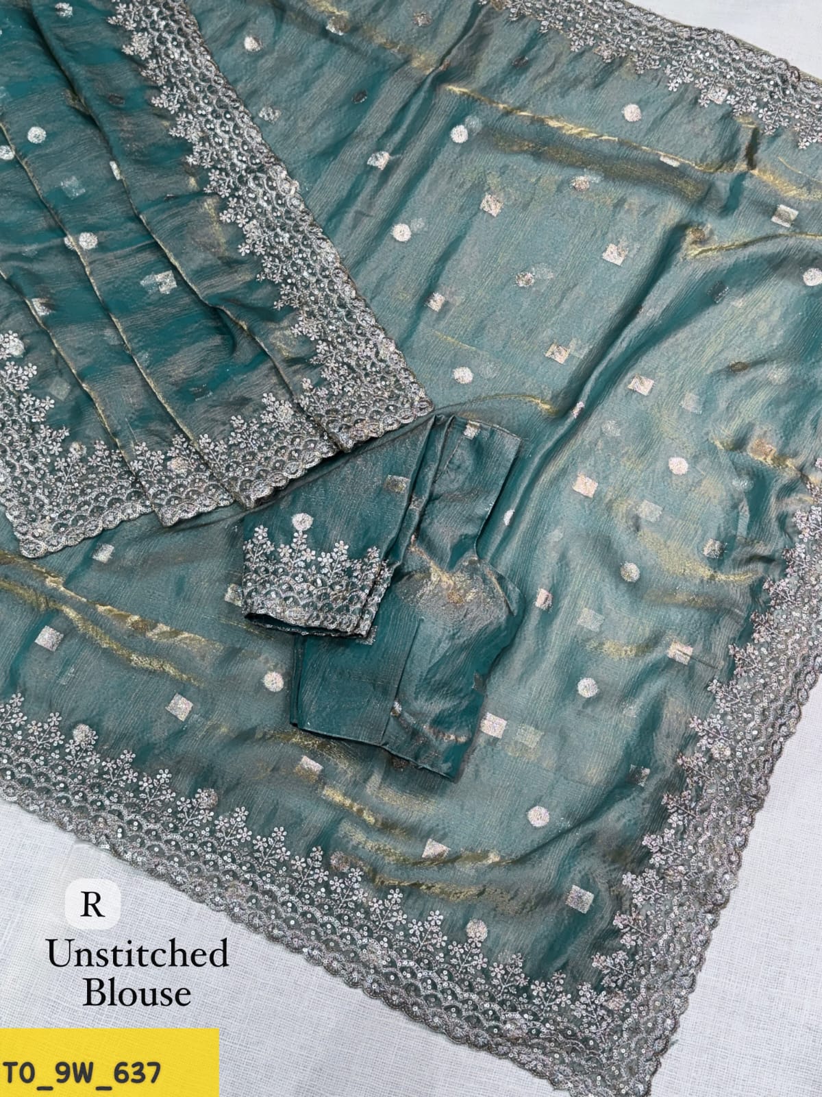 Pure Fandy Satin Jacquard Saree with Zari & Sequin Work-Teal Green