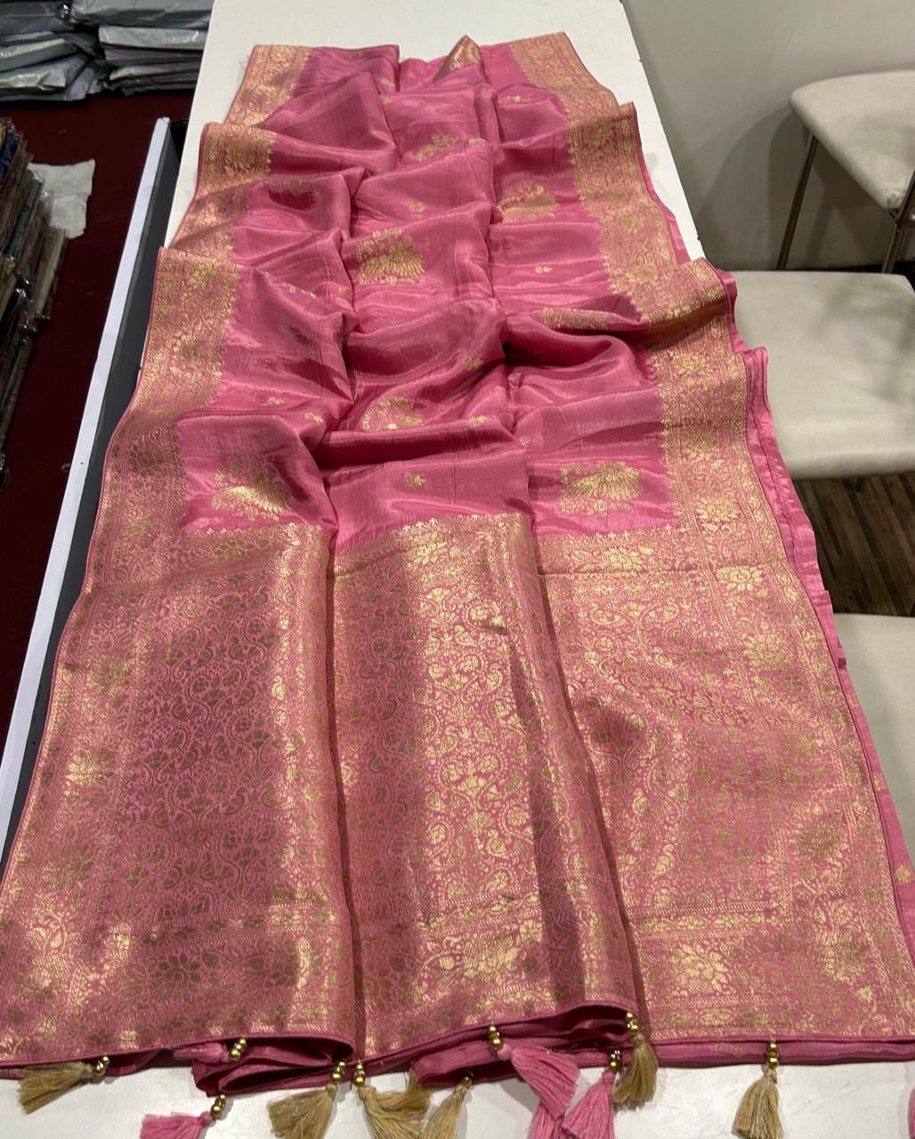 Dola Silk Saree with Allover Weaving Work-Onion Pink