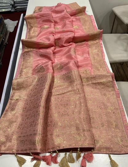 Dola Silk Saree with Allover Weaving Work-Peach Pink