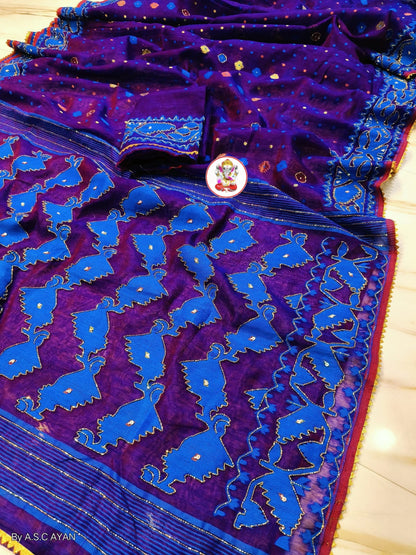 ✨ Premium Cutdana Jamdani Saree ✨- Navy Blue -Design 04
