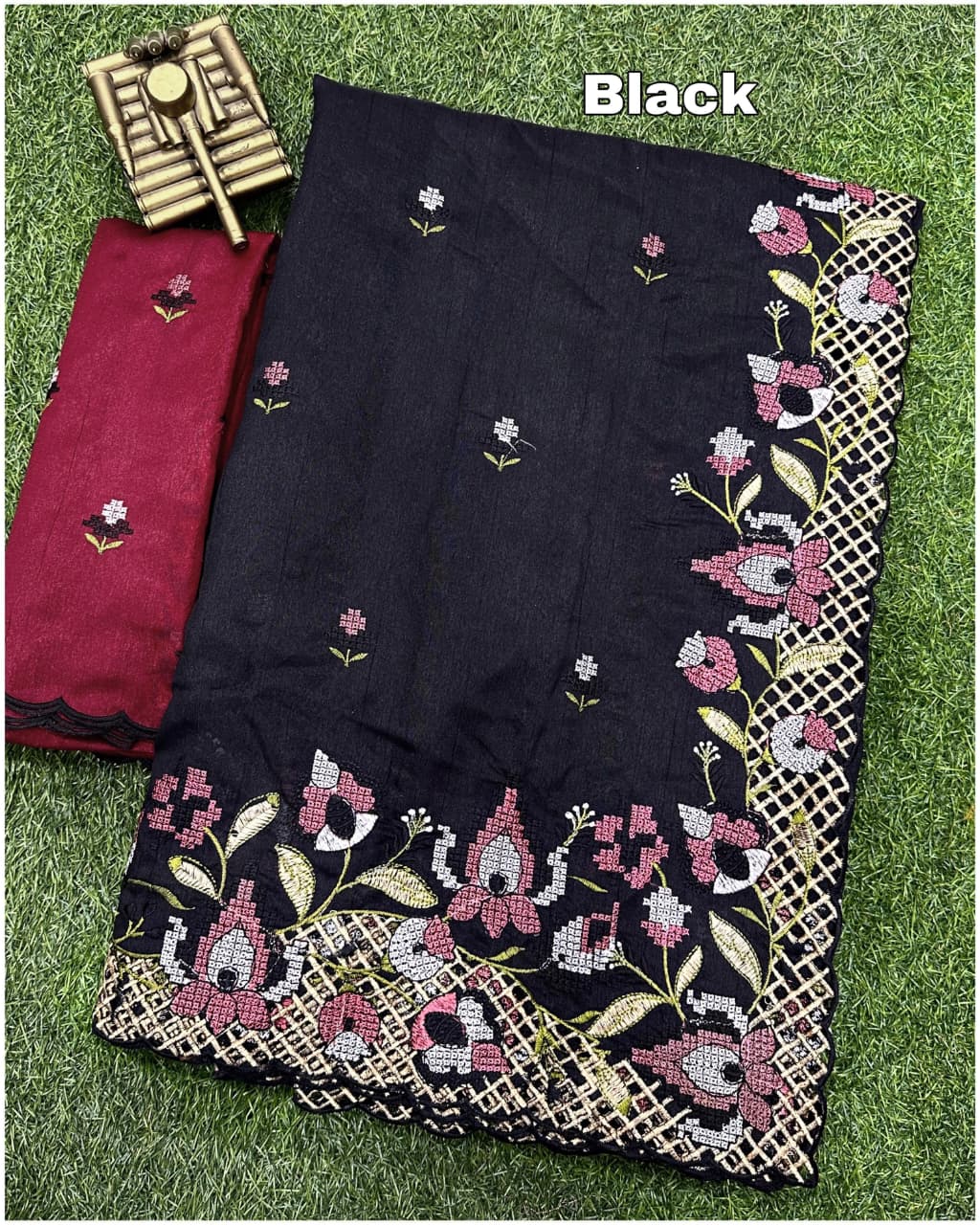 ✨ Soft Semi Tassar Silk Saree with Blouse Piece ✨- Black -Design 04