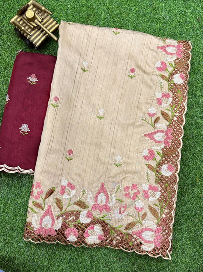 ✨ Soft Semi Tassar Silk Saree with Blouse Piece ✨-Tan -Design 03