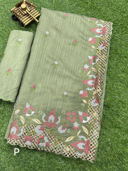 ✨ Soft Semi Tassar Silk Saree with Blouse Piece ✨-Olive Green -Design 05