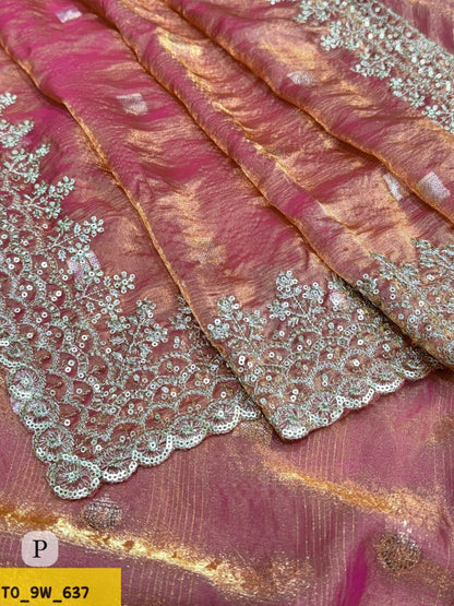 Pure Fandy Satin Jacquard Saree with Zari & Sequin Work-Dusty Rose Pink with Golden Tissue