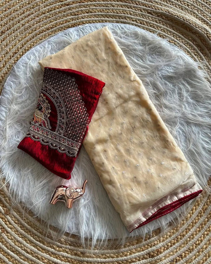 Durga Puja Special Georgette Silk Saree with Contrast Work Blouse Piece