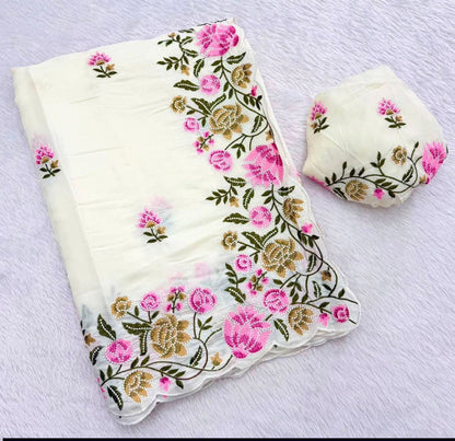 Embroidery Work Tassar Silk Saree for Party and Festive Wear