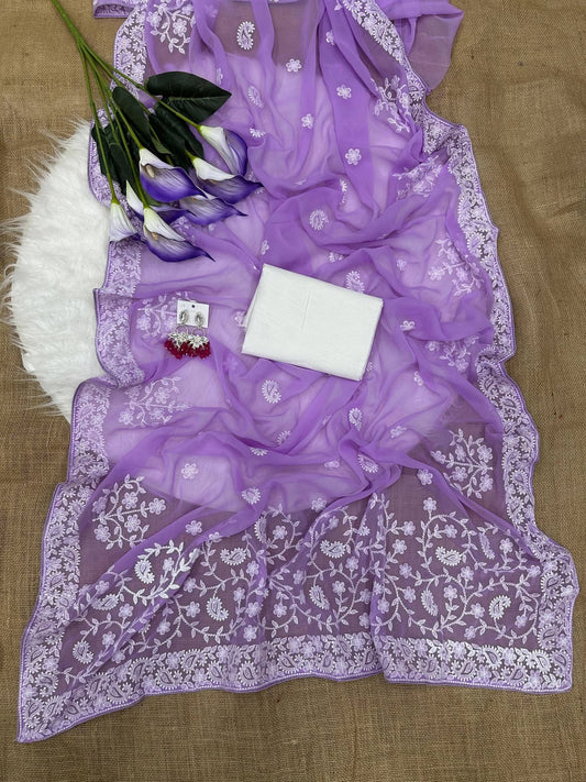 Premium Georgette Chikankari Saree with Matching Blouse Piece for Party and Festive Wear