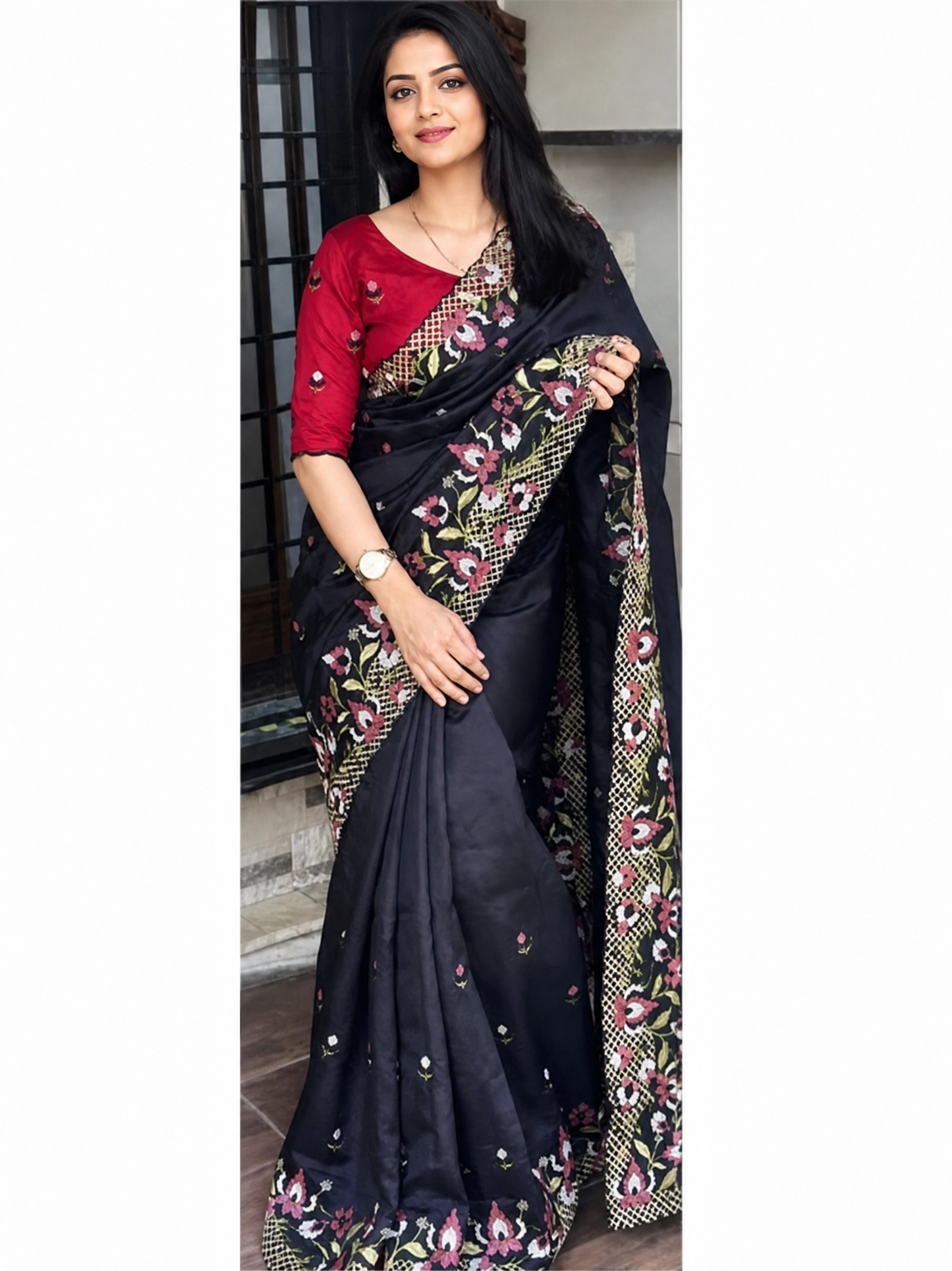 ✨ Soft Semi Tassar Silk Saree with Blouse Piece ✨- Black -Design 04