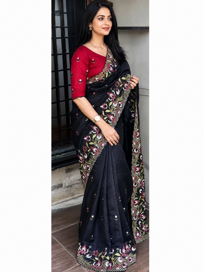 ✨ Soft Semi Tassar Silk Saree with Blouse Piece ✨- Black -Design 04