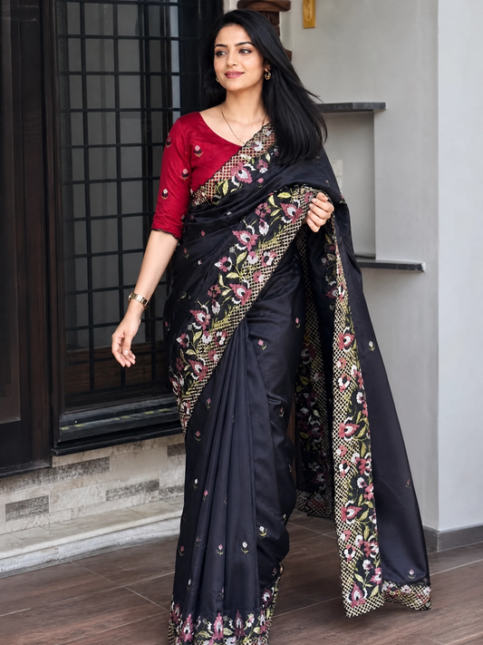 ✨ Soft Semi Tassar Silk Saree with Blouse Piece ✨- Black -Design 04