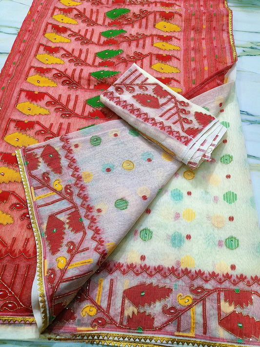 Premium Karchupi Jamdani Saree With Blouse Piece for Wedding and Festive Wear