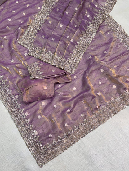 Pure Fandy Satin Jacquard Saree with Zari & Sequin Work-Mauve Purple