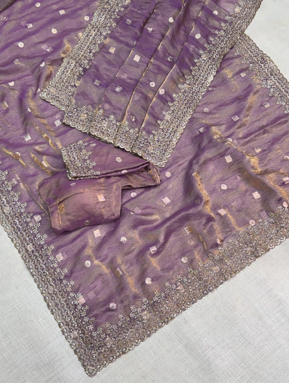 Pure Fandy Satin Jacquard Saree with Zari & Sequin Work-Mauve Purple