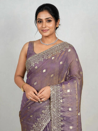 Pure Fandy Satin Jacquard Saree with Zari & Sequin Work-Mauve Purple