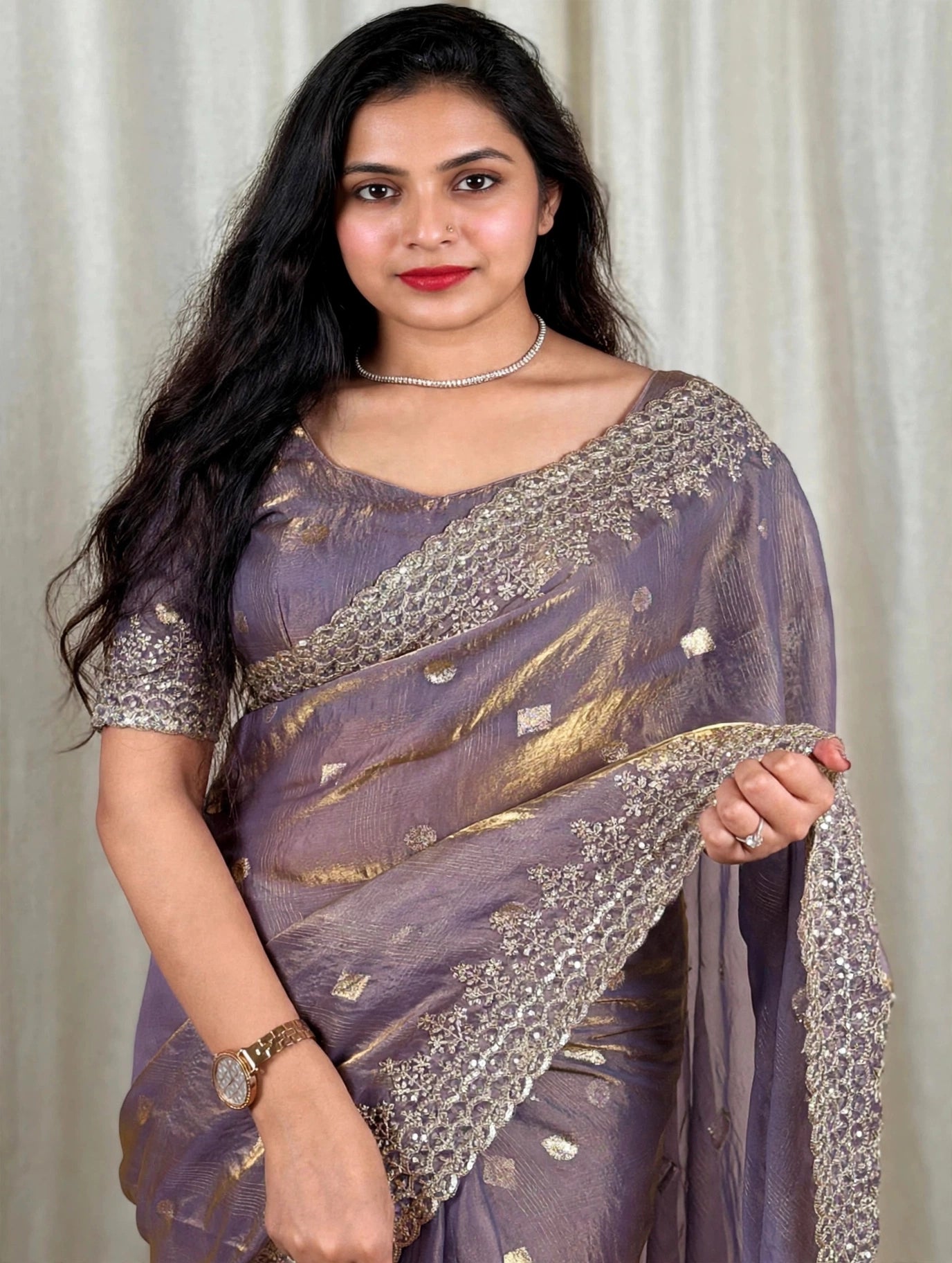 Pure Fandy Satin Jacquard Saree with Zari & Sequin Work-Mauve Purple