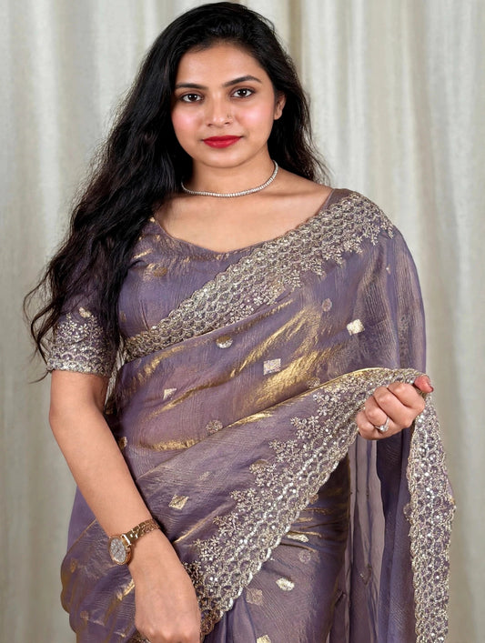 Pure Fandy Satin Jacquard Saree with Zari & Sequin Work-Mauve Purple