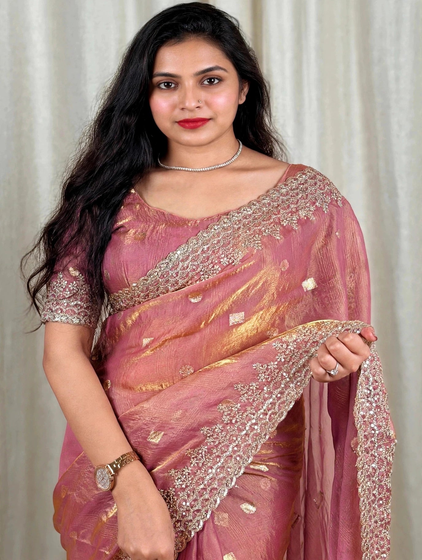 Pure Fandy Satin Jacquard Saree with Zari & Sequin Work-Dusty Rose Pink with Golden Tissue