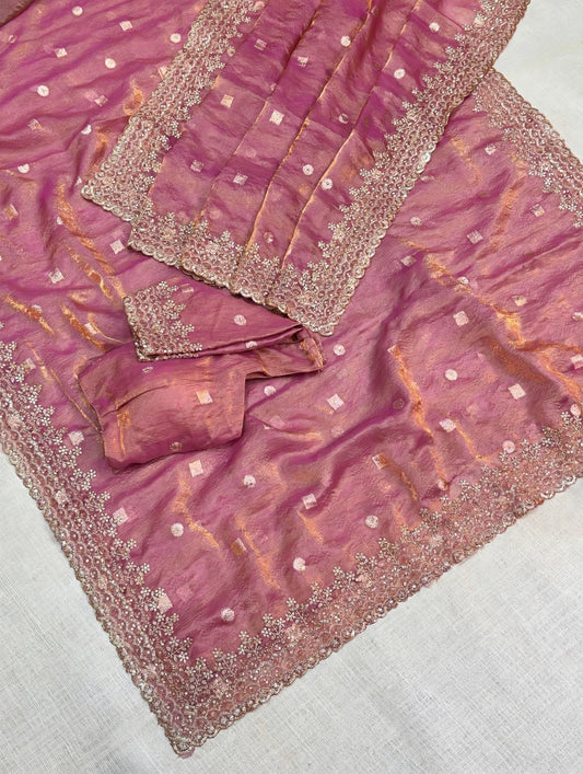 Pure Fandy Satin Jacquard Saree with Zari & Sequin Work-Dusty Rose Pink with Golden Tissue