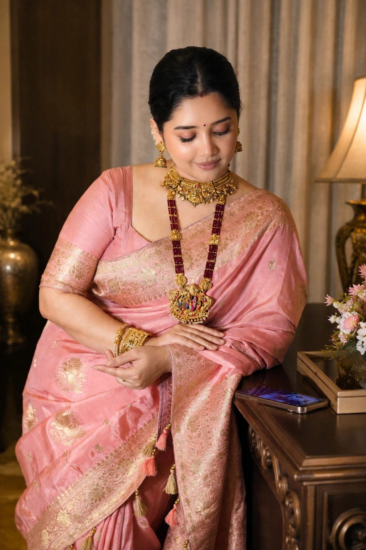 Dola Silk Saree with Allover Weaving Work-Peach Pink