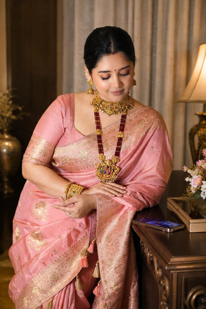 Dola Silk Saree with Allover Weaving Work-Peach Pink