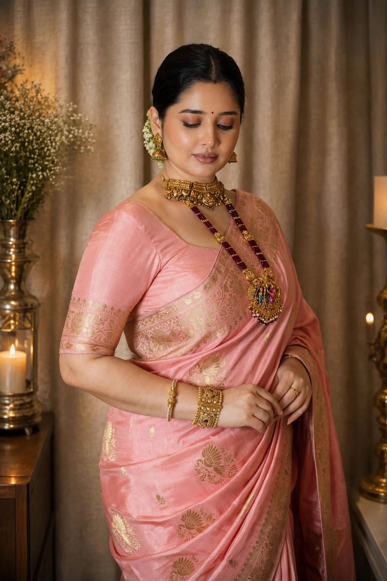 Dola Silk Saree with Allover Weaving Work-Peach Pink