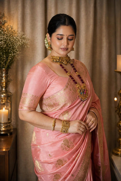 Dola Silk Saree with Allover Weaving Work-Peach Pink