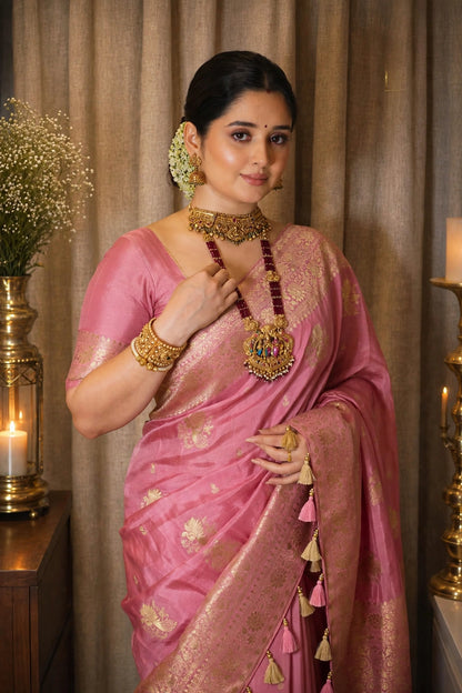 Dola Silk Saree with Allover Weaving Work-Onion Pink