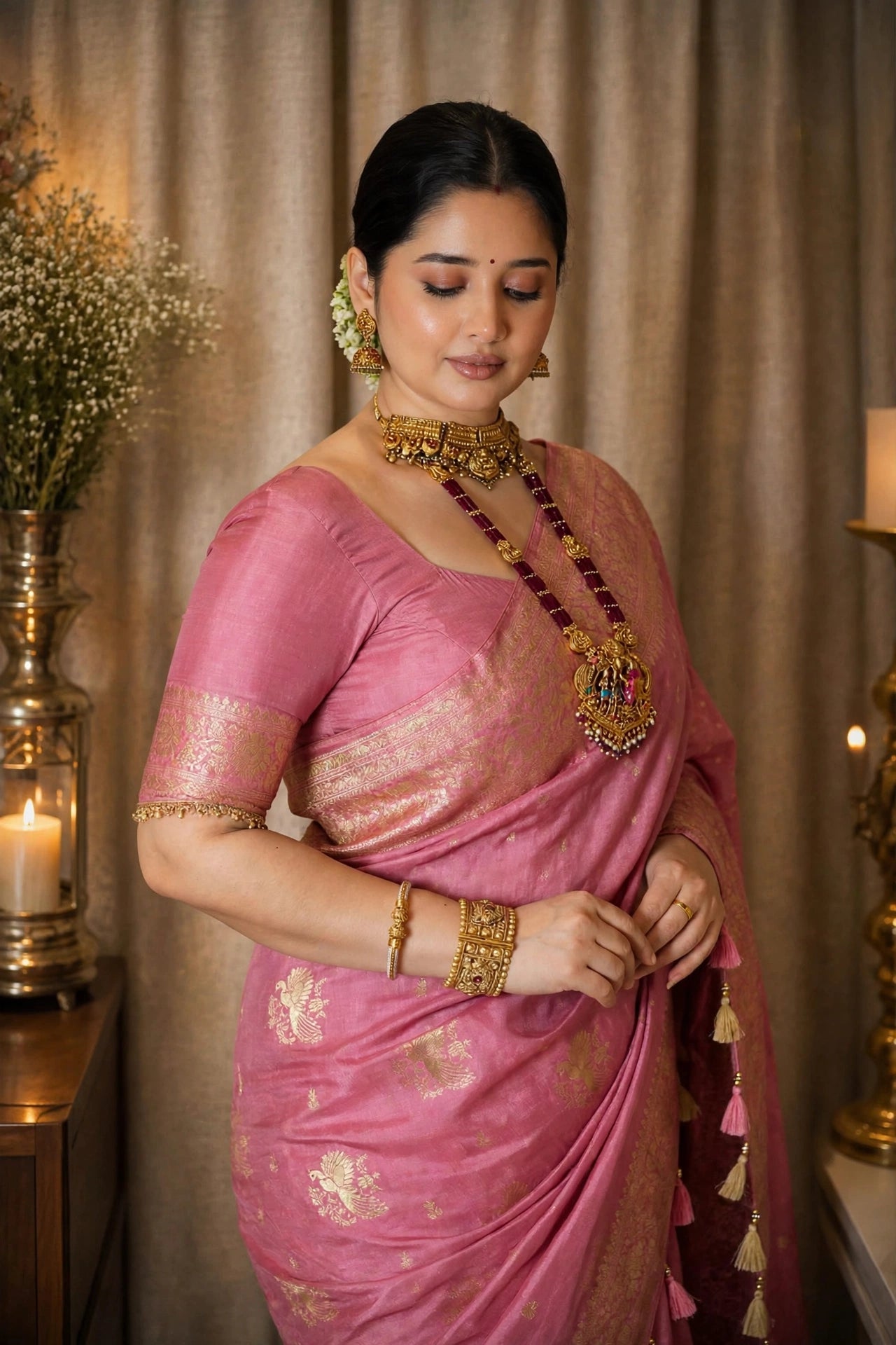 Dola Silk Saree with Allover Weaving Work-Onion Pink
