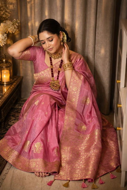 Dola Silk Saree with Allover Weaving Work-Onion Pink