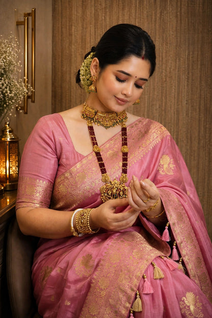 Dola Silk Saree with Allover Weaving Work-Onion Pink