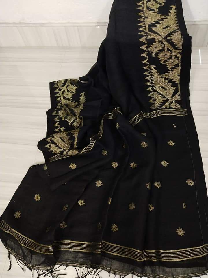 "Pure Linen Korat Jamdani Saree Design 16 Black Handwoven Bengali Saree"